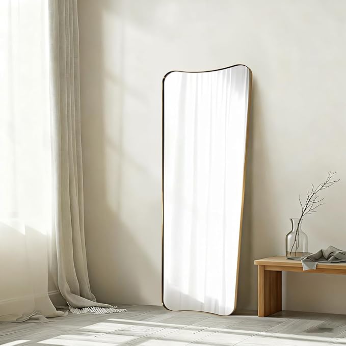ANDY STAR 24" x 65" Full Length Mirror, Brushed Gold Floor Mirror with Premiun Stainless Steel Thin Frame, Antique Italian Curved Design, Wall Mountable or Leaning for Bedroom, Living Room, Cloakroom