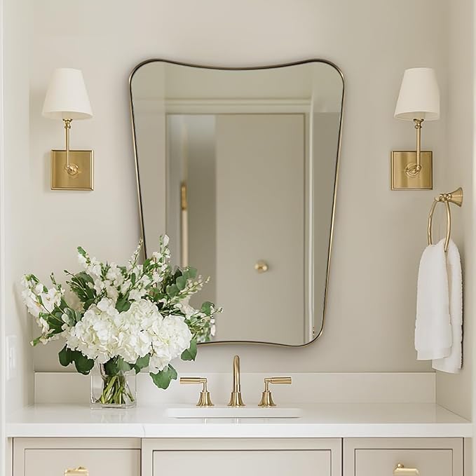ANDY STAR Gold Vanity Mirror, 22x30 Inch Brushed Gold Bathroom Mirror, Antique Brass Asymmetrical Mirror in Rust-Proof Stainless Steel Metal Frame, Unique Butterfly Shape, Ideal for Home Remodel