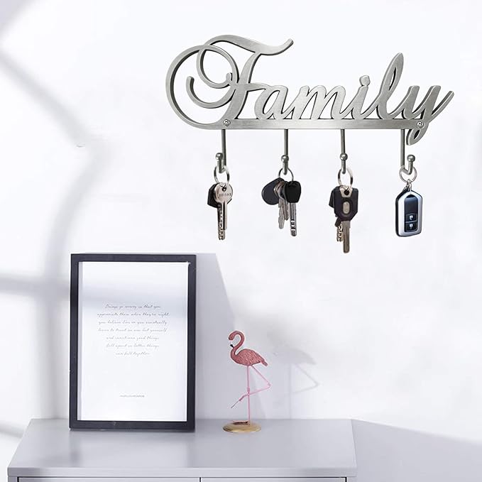 Myartte Key Holder- Key Hooks Decorative for Wall Decorative Zinc Alloy Key Organizer Rack with 4 Hooks -with Screws (Antique Sliver Family)