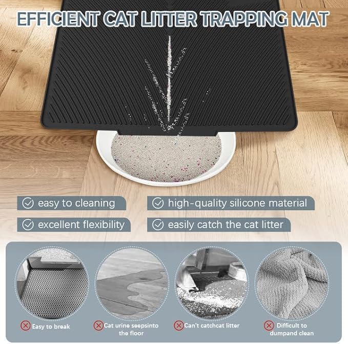 Cat Litter Mat, Silicone Kitty Litter Mat Waterproof Litter Catcher Mat, Litter Box Mat, Cat Litter Trapper for Floor, Anti-Slip and Easy to Clean (Black)