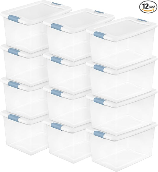 Sterilite 12 Pack Latching Box, Under Bed Storage Bins with Lids, Clear Plastic, 64 Quart - Heavy-Duty Organizing Containers for Closet, Bathroom, and Office