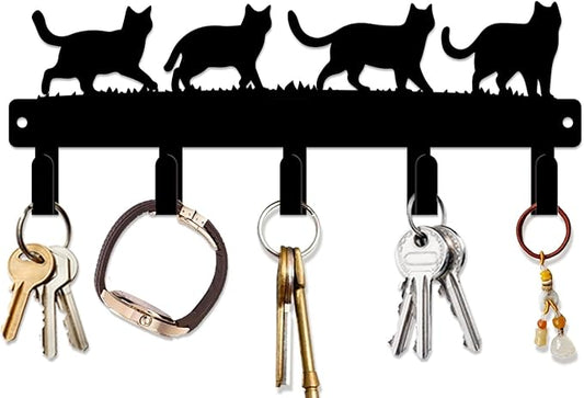 magilab Cat-Themed 10-Inch Iron Key Hooks with 5 Hooks, Black Wall Organizer - Cute Cat Design for Home Decor, No Drill & Screw-in Options (Style B)