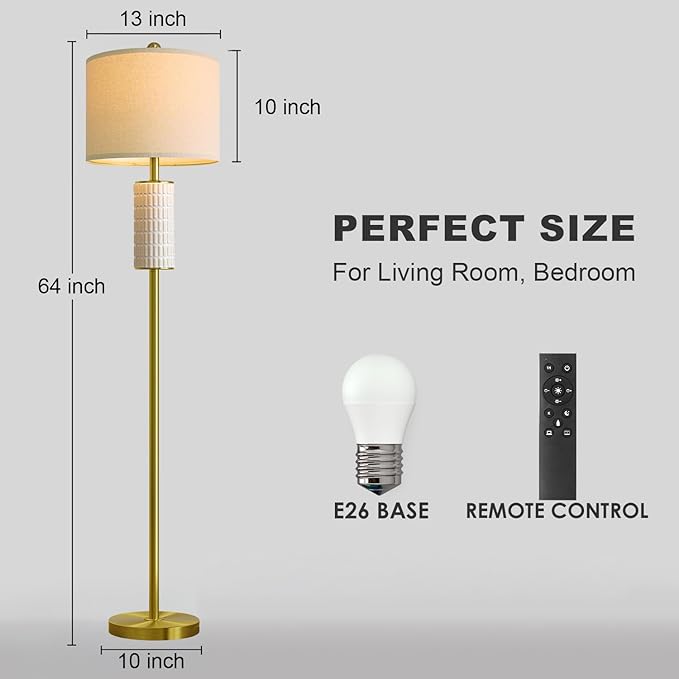 PoKat Ceramic Gold Floor Lamp with Remote, 64" Modern Floor Lamps for Living Room with Stepless Dimmable Colors Temperature, Tall Standing Lamp for Living Room Bedroom Reading, 9W Bulb Included