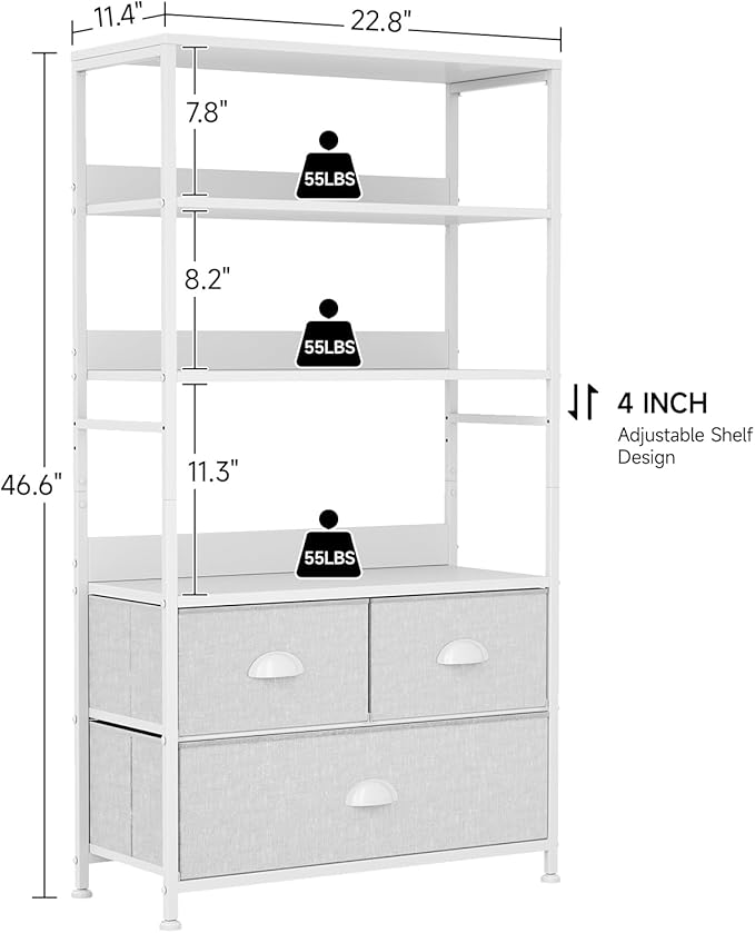 6 Tier Bookshelf, Bookcase with 3 Storage Drawers, Wood and Metal Book Shelf Storage Organizer, Industrial Display Standing Shelf Unit for Bedroom, Living Room, Rustic Brown, White