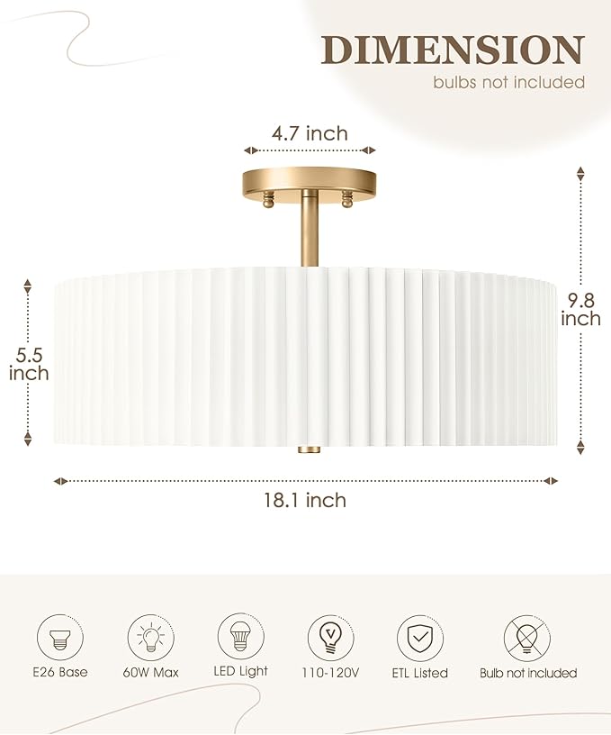 Gold Semi Flush Mount Ceiling Lights, 4-Light 18" Ceiling Light Fixture with White Pleated Fabric Shade, Drum Lamp for Nursery Hallway Bedroom Kitchen, AD-25036-4SF-GD