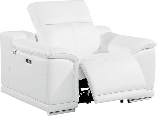 Blackjack Furniture Venice Top Grain Italian Leather Power Recliner Chair with Adjustable Headrest Modern Luxury Seating for Living Room Lounge, White