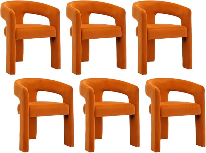 Modern Barrel Dining Chairs Set of 6, Velvet Upholstered Accent Side Chair with Arms Comfy Makeup Vanity Chairs, Dining Living Room Kitchen Chairs, Orange