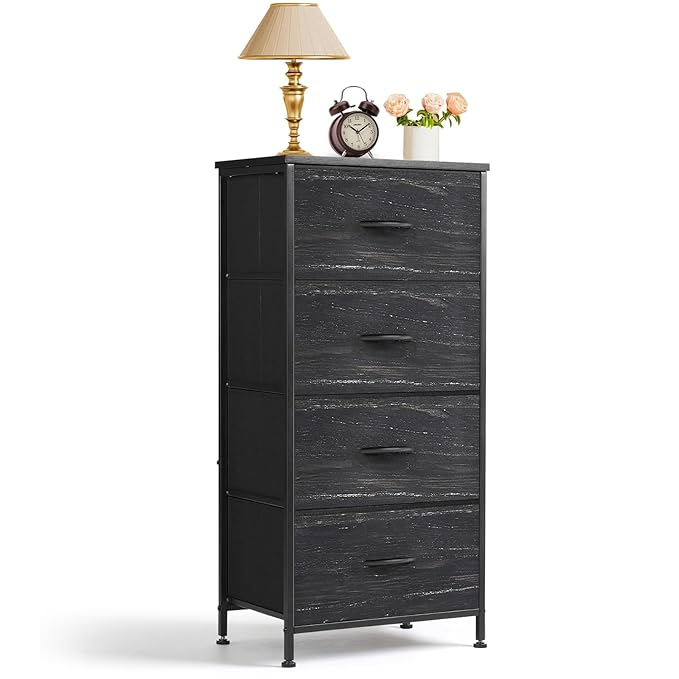 Nightstand, 4 Drawer Dresser End Table Bedside Furniture with Wooden Top Steel Frame Fabric Bins for Bedroom, Closet, Entryway, Dorm, Living Room, Charcoal Black