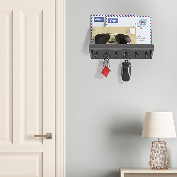 Decorative Acrylic Key Hooks Wall Mount with Shelf - Entryway Key Rack Mail Organizer Living Room Decor (Black)