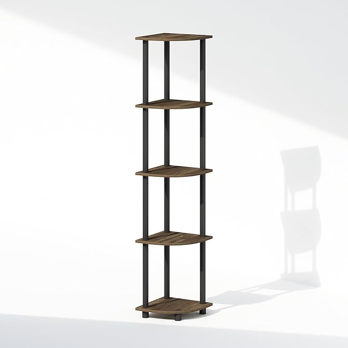 Furinno Turn-N-Tube Storage Shelves, 5-Tier Book Shelf, Corner Shelf, Toolless Open Shelves, for Organization and Storage, Living Room, Home Office, Hallway, Bedroom, Columbia Walnut