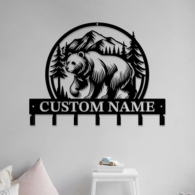 Personalized Custom Name Bear Key Wall Hooks,Metal Bear Keys Clothes Hooks,Metal Bear Wall Home Storage Decorative,For Front Door, Hallway, Kitchen, Bedroom,Keys,Hats (Style P)