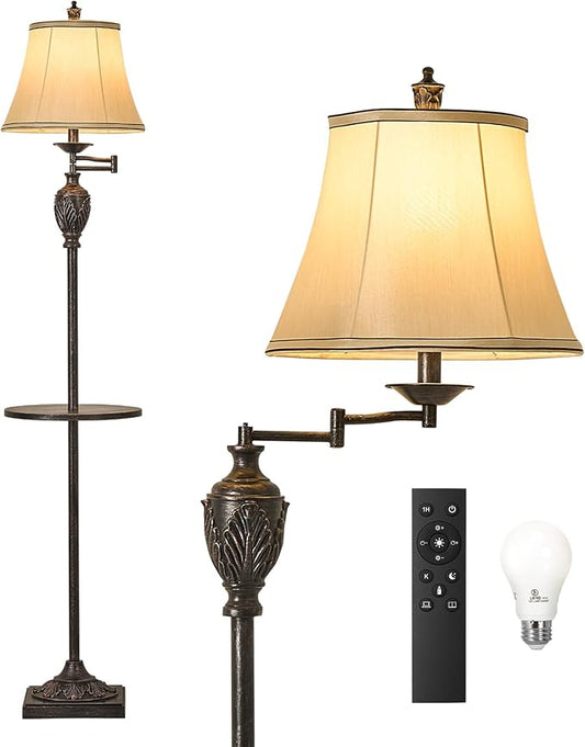 Traditional LED Floor Lamp with 350° Adjustable Swing Arm Lamp – Vintage Standing Pole lamp for Living Room, Bedroom and Office – Rustic Upright Floor Light for Home Décor with Silk Fabric Shade