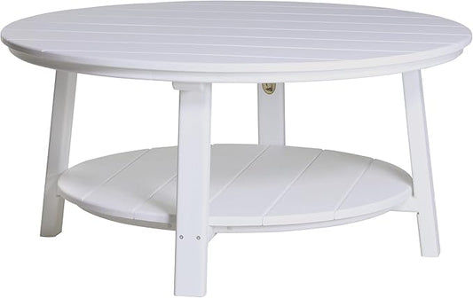 LuxCraft Deluxe Poly Round Outdoor Coffee Table, Two Tier Coffee Table, Round Conversation Tables for Outside Patio with Lower Shelf - Amish Made in USA (White)