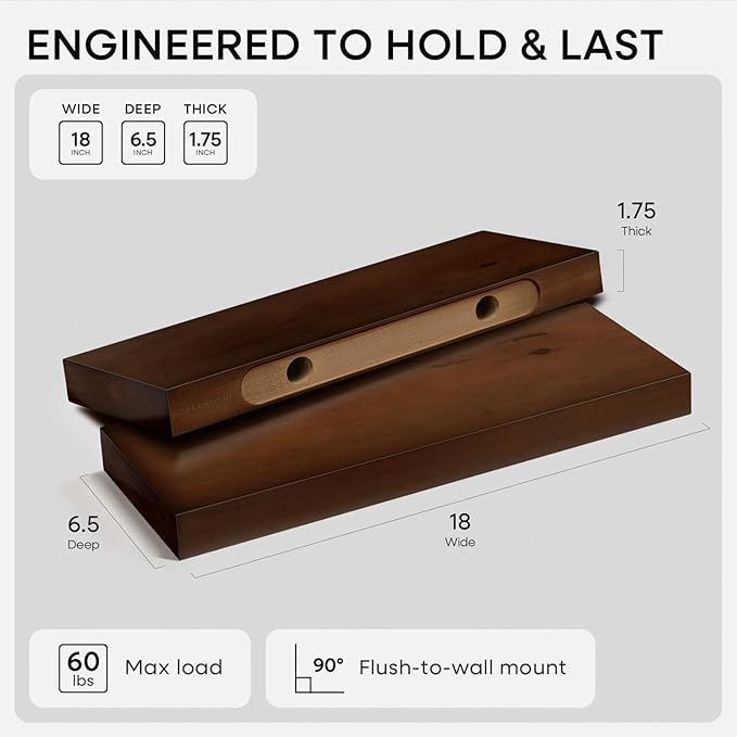 Homeforia Walnut 18 inch Floating Shelf, High End Solid Real Wood 18inch Floating Shelves for Wall Mounted, Dark Brown 18 inches Long Floating Shelves, Heavy Duty Bracket, 18 X 6.5 X 1.75 in, Set of 4