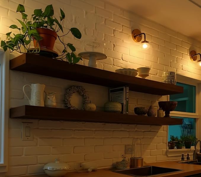 foxsky 48 Inch Solid Pine Wood Floating Shelves for Wall with Hidden Brackets, Rustic Farmhouse Wall Mounted Shelf for Bathroom, Living Room, Bedroom, Kitchen, Office Decor (Walnut)