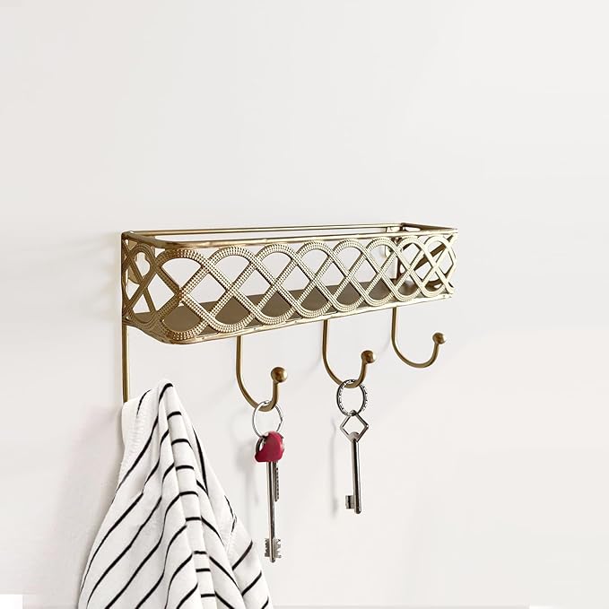 Celtic Knot Key Holder Wall Shelf - Entryway Wall Mounted Organizer with 4 Hooks, Metal Storage for Keys, Wallets, Bags, Hats (Golden)