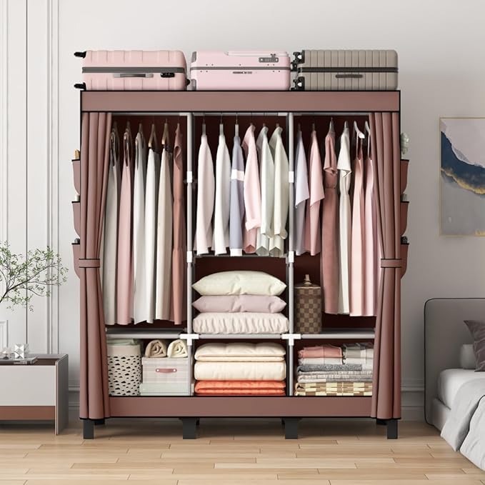 Portable Wardrobe, Clothes Organizer, Easy Hanger Wardrobe, Multiple Dividers and 3 Drawers, 6 Side Pockets Large Capacity (Coffee)