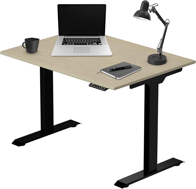 Progressive Desk Stand Up Electric Standing Desk, Compact Home Office Table, Black Frame and Bright Beech MDF Tabletop Prime Ryzer 42" x 24"