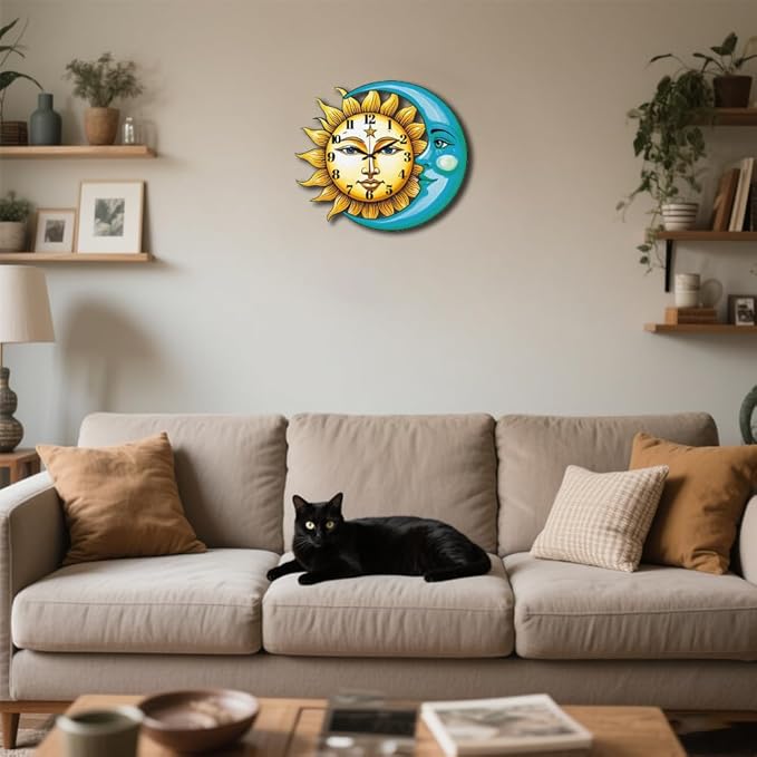 CHGCRAFT Sun and Moon Pattern Wall Clock 14.9 Inch Star Wood Grain Non-Ticking Irregular Shape Clocks Wall Hanging Clock Battery Operated for Bedroom Living Room Kitchen Office