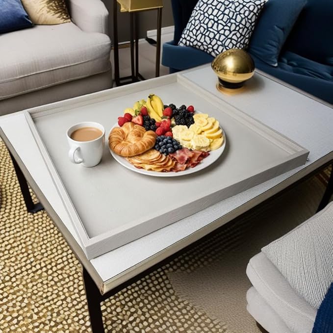 20 * 20 inches Luxury Leather Square Oversized Service Tray, Ottoman & Coffee Tray for Family Dinner, Out-of-House Picnic & Party (Beige)