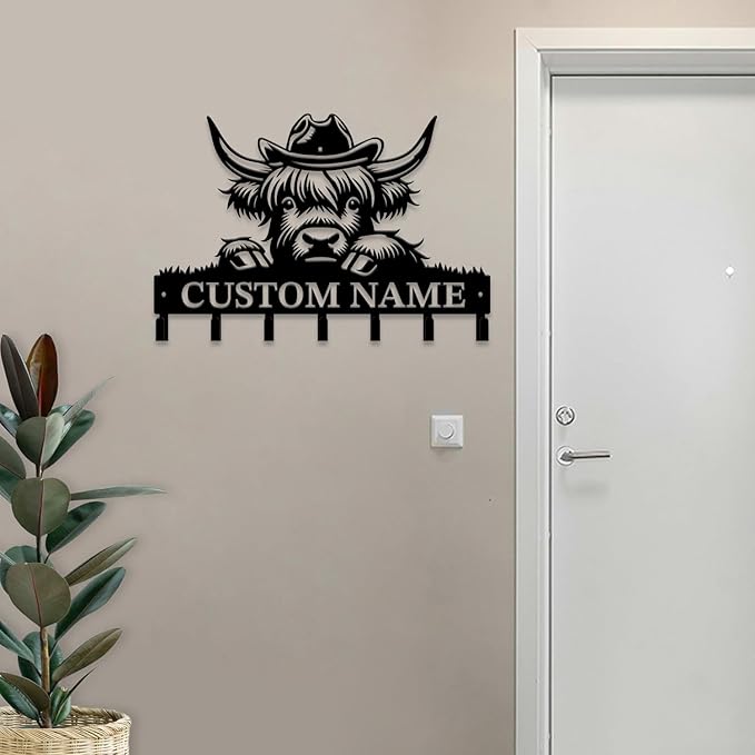 Personalized Highland Cow Metal Keys Hooks,Custom Name Metal Highland Cow Keys Hooks,Black Metal Highland Cow Wall Home Storage Decorative Keys Hooks,Key Holder Hooks for Wall (Style G)