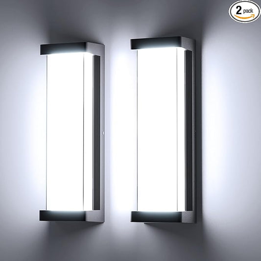 10%-100% Dimming LED Modern Outdoor Wall Light 2 Packs, 16in 6000K Dimmable Porch & Patio Wall Light Fixture,Black Aluminum&Dual PC Wall Lights for Garage Living Room Courtyard House(2Packs 6000K)