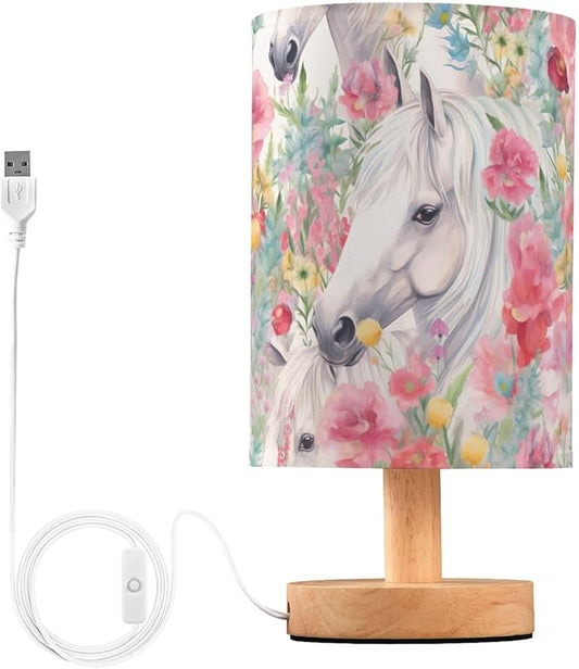 Bedside Lamp White Horse Pink Flower Table Lamp with USB Port Wood Base for Living, 5.12x9.7in/13x24.7cm, 214B3018