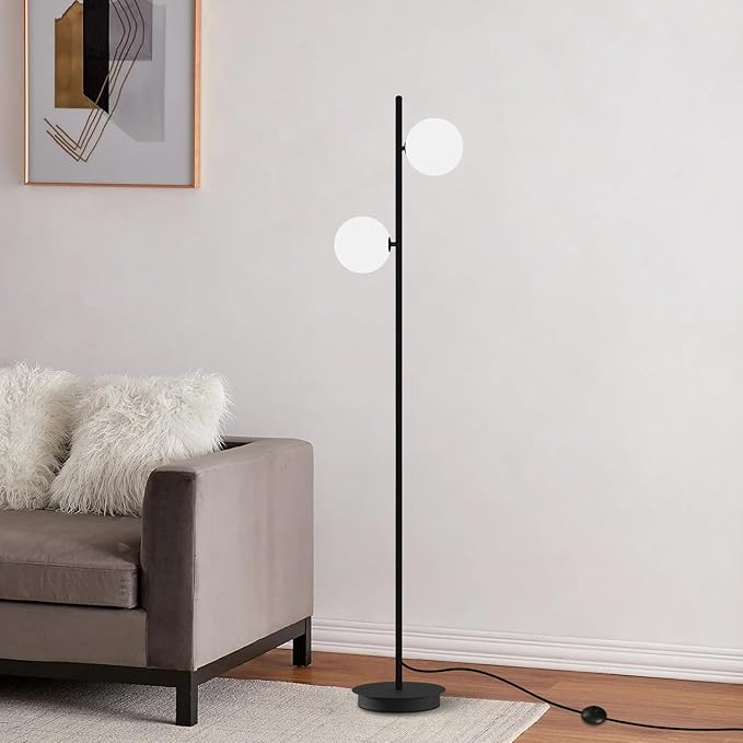 Black Floor Lamp 2-Light Modern White Frosted Glass Freestanding Lamp Mid Century Globe Floor Lamps for Vintage Standing Pole Lamp for Bedroom Living Room Hotel