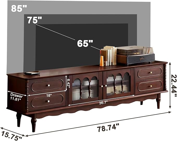 Fully Assembled 78" Solid Wood TV Stand for TVs up to 85 Inch, Modern Entertainment Ceter with Storage Cabinet and 4 Drawers, TV Media Console Table TV Stand for Living Room Bedroom, Walnut