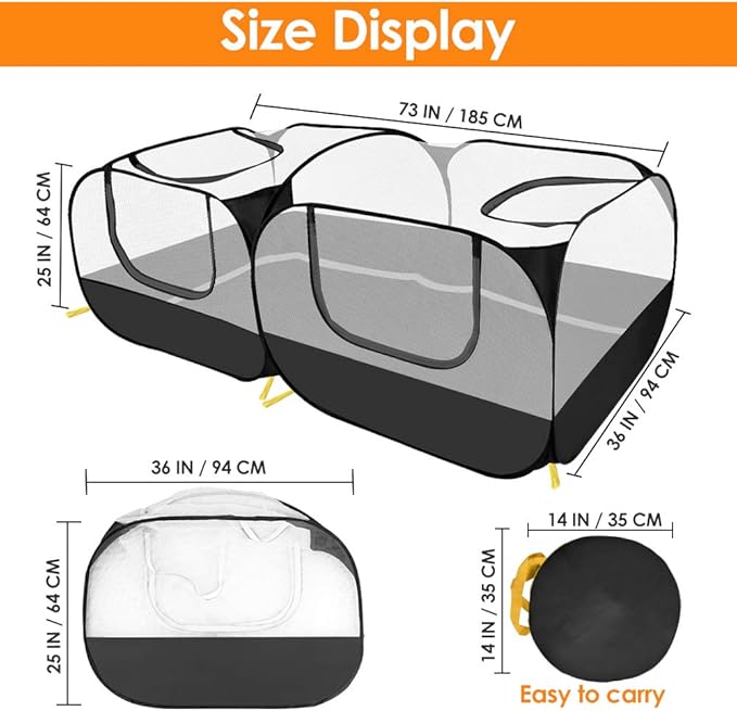SlowTon Small Animals Playpen, Portable Large Chicken Run Coop with Detachable Bottom Breathable Transparent Mesh Walls, Foldable Pet Enclosure for Puppy Kitten Rabbits Indoor Outdoor(B,Flat Top)