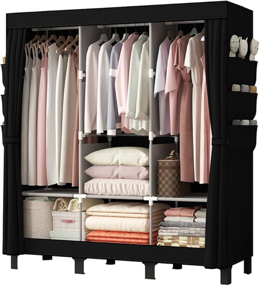 Portable Closet, Clothes Storage Box, Simple Wardrobe for Hanging Clothes, Multiple Shelves and 3 booms,6 Side Pockets (Black)” (Black, Large)