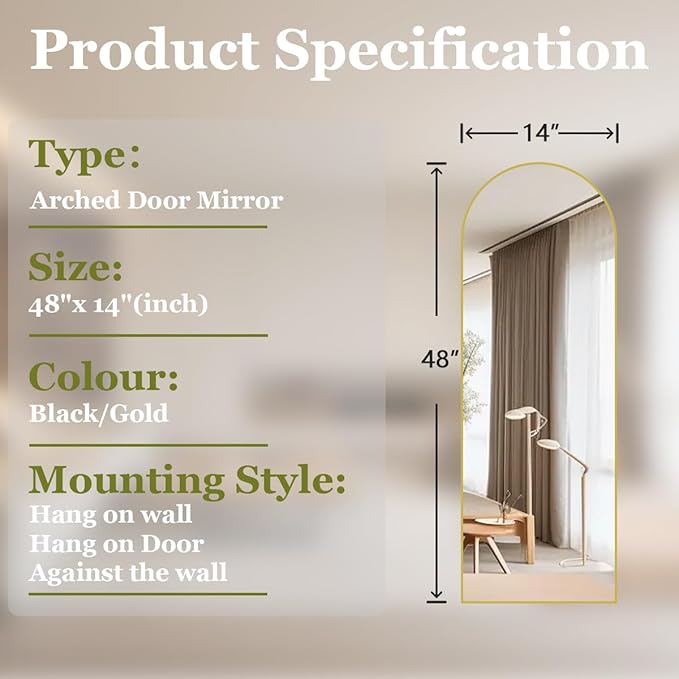 BEAUTYPEAK 14" x 48" Adjustable Height Over The Door Mirror, Arch Full Length Hanging Door Mirror with Shatterproof Tempered Glass Aluminum Alloy Frame for Bedroom, Living Room, Bathroom, Dorm, Gold