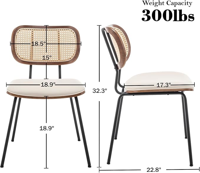 Rattan Dining Chairs Set of 4, Mid Century Modern Dining Chairs with Cane Back for Kitchen Dining Room, 19 Inch Faux Leather Beige