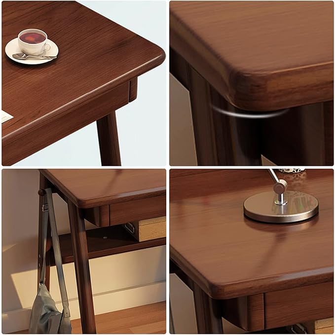 Solid Wood Writing Desk, 47" Mid-Century Modern Walnut Desk, Home Office Computer Desk with 2 Drawers and Storage Shelf, Laptop Desk, Study Table, Work Desk Station