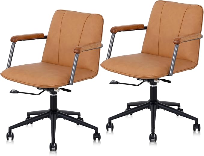 Home Office Desk Chair, Ergonomic Minimalist Faux Leather Swivel Chair with Oak Wood Armrests, Comfortable Task Chair for Computer or Study Room, 2 Pack, Camel Brown