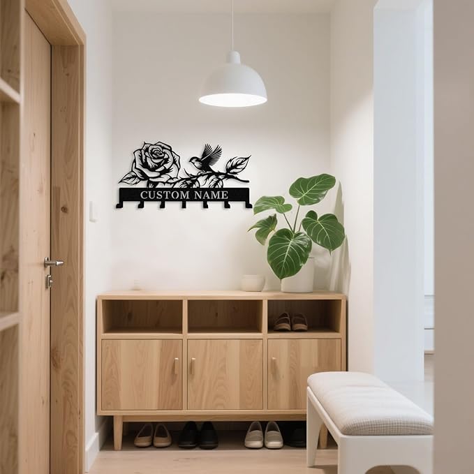 Custom Flower Bird Metal Wall Key Hanger,Personalized Key Hooks with Name,Key Rack Holder Wall Mount for Garden Yard Home,Housewarming Gift Flower