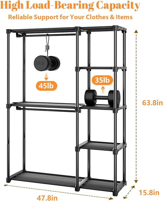 Mavivegue 4-Tier Portable Closet with Shelves & Hanging Rod - Portable Wardrobe Closet for Bedroom, Closet, Dorm - Easy Assembly Clothing Rack with Shelves for Clothes, Shoes, Accessories
