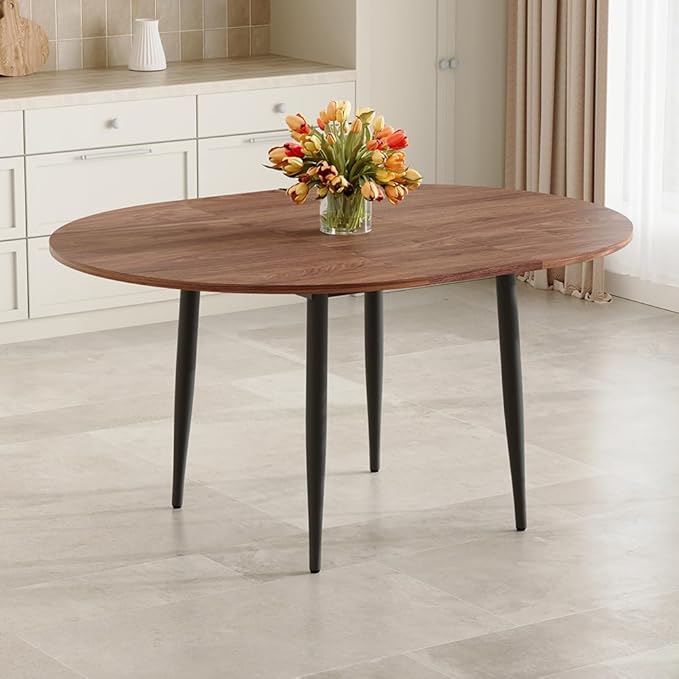 42" Round Dining Table for 4, 54" Oval Dining Table for 6, Extendable Kitchen & Dining Room Table with Metal Legs, Modern Rustic Space-Saving Adjustable Shape Dinner Table, Easy Assembly,Walnut