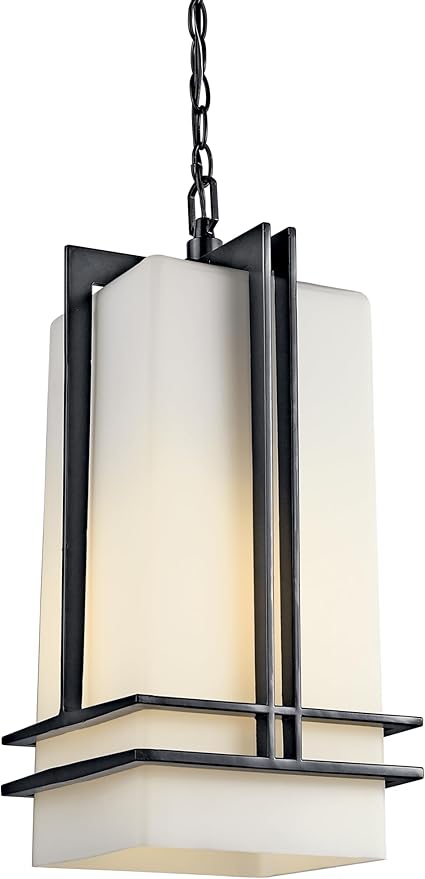 Kichler Tremillo 17" Outdoor Pendant Hanging Light in Black, Exterior Porch Light with Satin Etched Cased Opal Glass, (17" H x 6.5" W), 49205BK