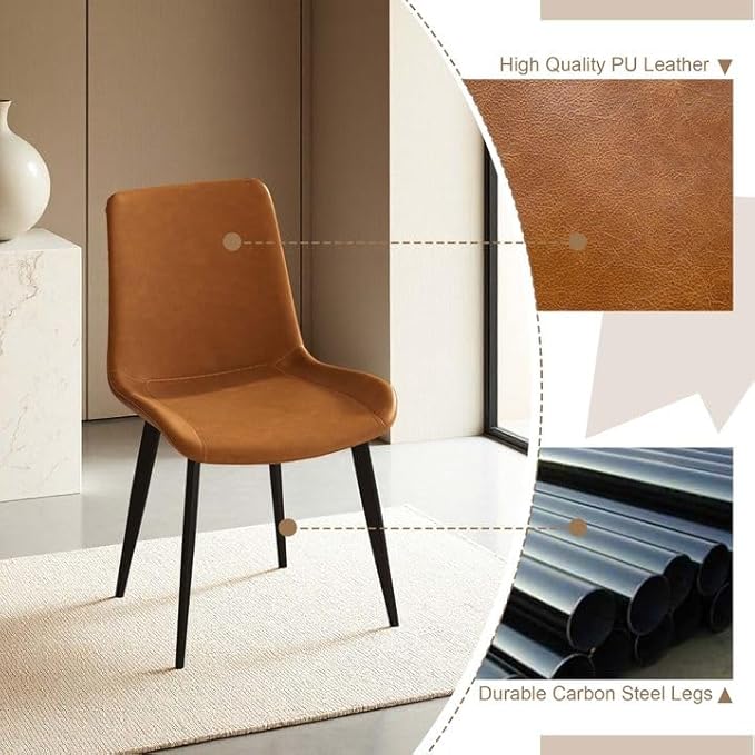 Dining Chairs with Comfortable Backrest and Sturdy Metal Legs, Modern Upholstered PU Leather Kitchen & Office Chairs for Dining Room, Restaurant Or Living Room (Brown, 4-Set)
