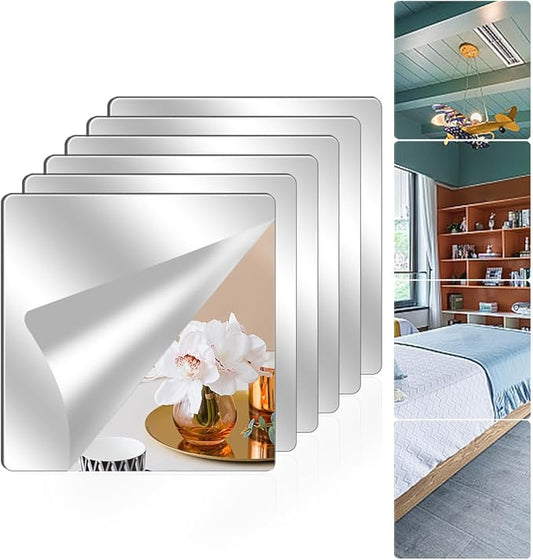6 Pack Wall Mirror Full Length, 10 x 10 Inch Unbreakable Acrylic Mirror Tiles, Shatterproof Flexible Plastic Mirror Sheets for Bedroom Home Gym Door (6P 10"x 10")