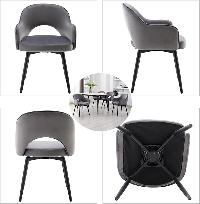 DUOMAY Swivel Dining Chair Set of 4, Modern Velvet Grey Upholstered Armless Side Chairs with 360-Degree Swivel for Dining Room, Living Room, Office