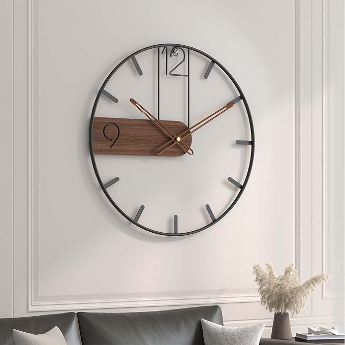 30 Inch Large Wall Clock, Modern Wood Metal Frame Silent Non Ticking Battery Operated Wall Clocks Decoration for Living Room, Bedroom, Kitchen, Minimalist Walnut Dial Arabic Numerals