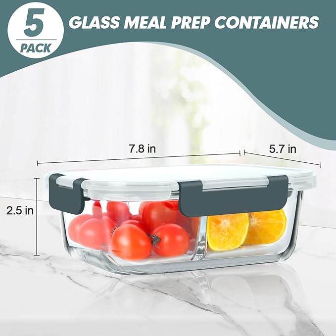 KOMUEE 30 oz 5 Pack Glass Meal Prep Containers 2 Compartments, Glass Food Storage Containers with Lids, Airtight Lunch Box, Microwave, Oven and Freezer Safe