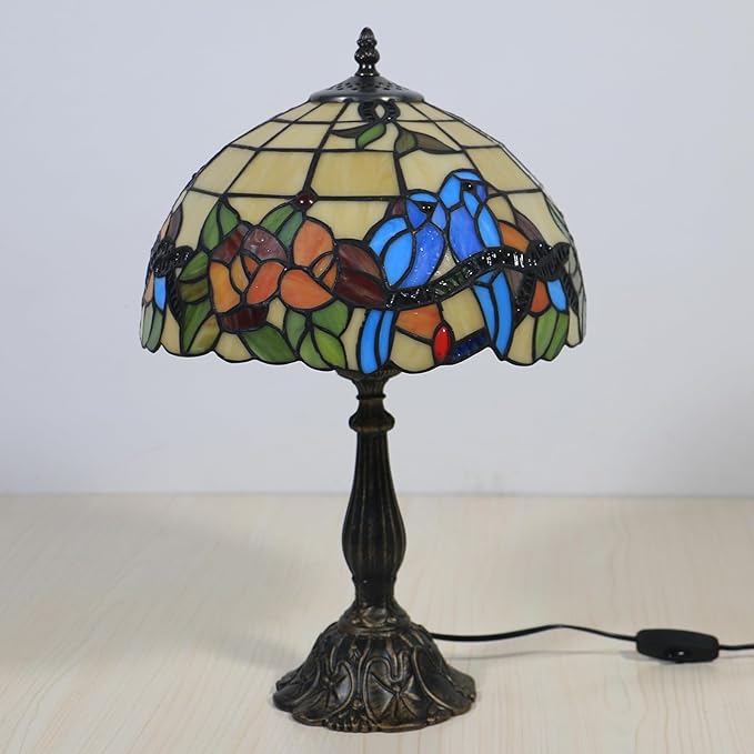 Tiffany Style Table Lamp Hummingbirds Flower Stained Glass Bedside Nightstand Table Lamp for Bedroom,Living Room,Home Office Farmhouse Desk Lamps 12X12X19Inch