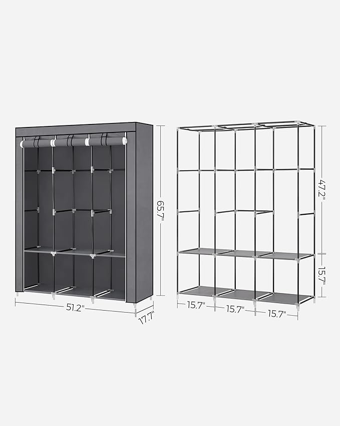 SONGMICS Portable Closet, Wardrobe Closet Organizer with Cover, 3 Hanging Rods and Shelves, 4 Side Pockets, 51.2 x 17.7 x 65.7 Inches, Large Capacity for Bedroom, Living Room, Gray URYG092G02