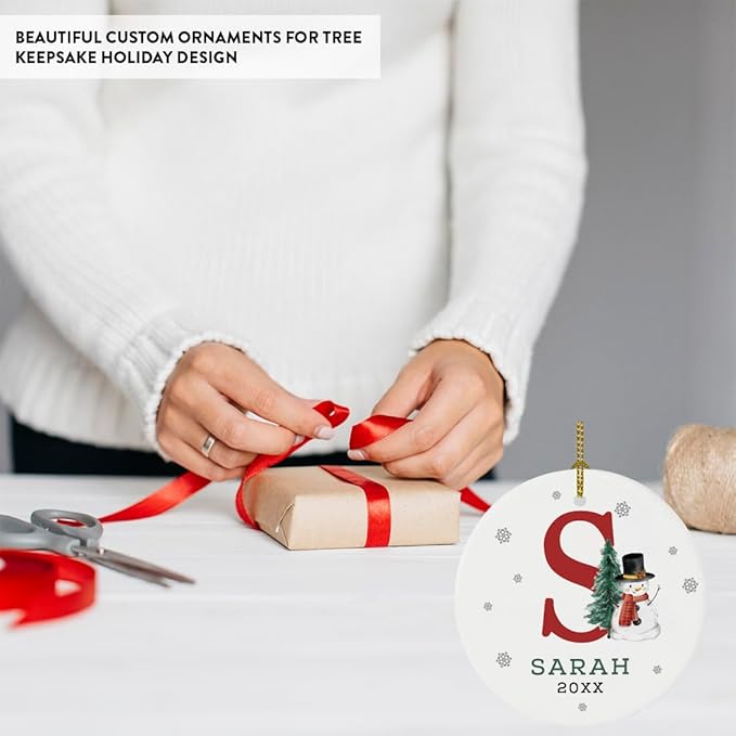 Andaz Press Personalized Ornament, Custom Name, Initial S Monogram Snowman 2.8" Ceramic Porcelain 2025 Christmas Ornament Keepsake for Kids, Boys, Girls, Includes Gold Ribbon & Gift Box, 1-Pack
