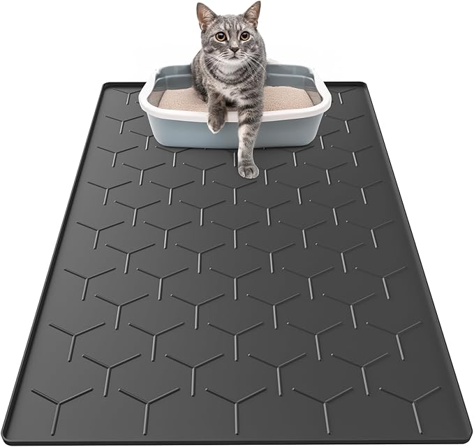 Silicone Cat Litter Trapping Mat, Large Waterproof 34" X 22" Cat Litter Box Mat, Easy to Clean, Black