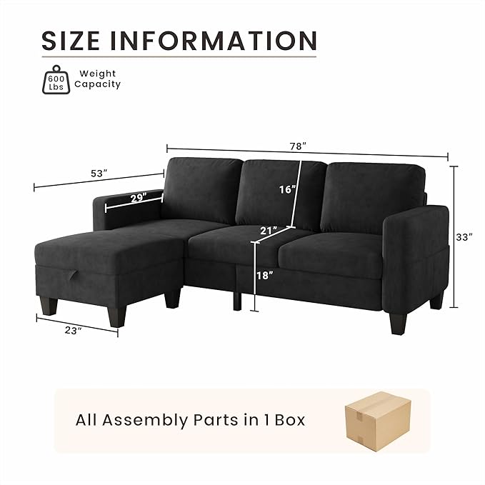 Sectional and Sofa Couches for Living Room, 3-Seater L-Shaped Sofa with Storage Ottoman, Pet-Friendly Washable Velvet Linen Fabric, Convertible Couches for Small Apartments, Bedroom (Black)