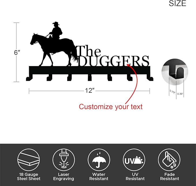 Personalized Key Holder with Name, Custom Metal Cowboy Horse Silhouette Key Rack Hanger, Wall Organizer with 7 Hooks for Entryway, Front Door, Hallway, Kitchen, Farmhouse Décor